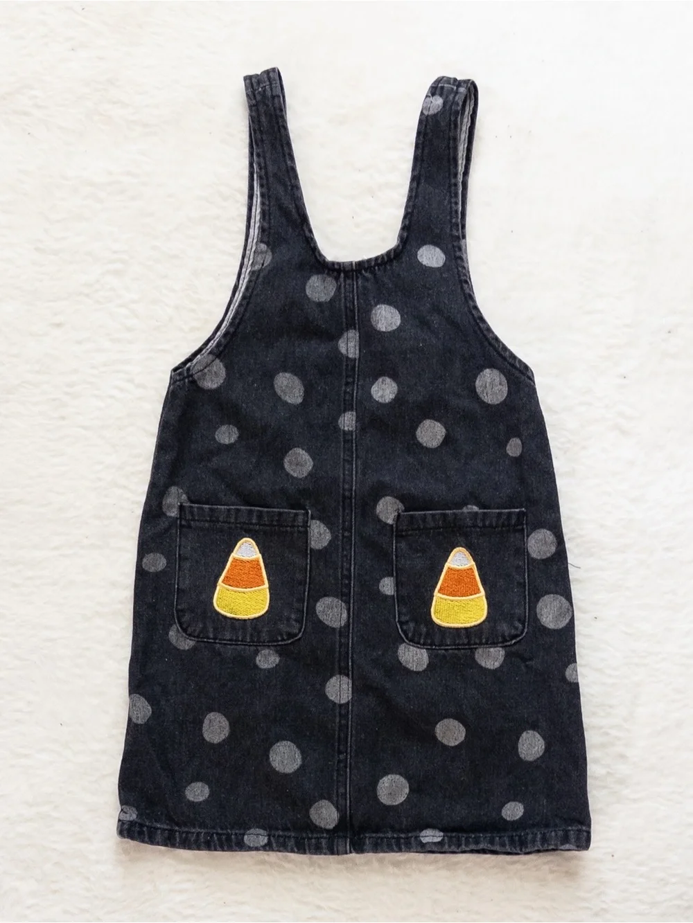 Girls Black Polka Dot Denim Jumper Dress with Candy Corn Pockets - Size XL